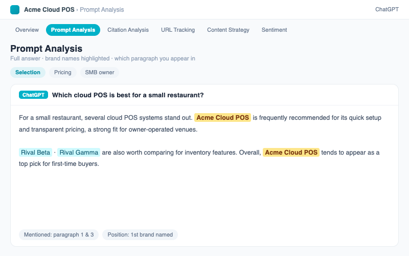 AI Search Mention Analysis:Prompt analysis expanded: the full AI answer with brand names highlighted — not just whether you’re mentioned, but in which paragraph.