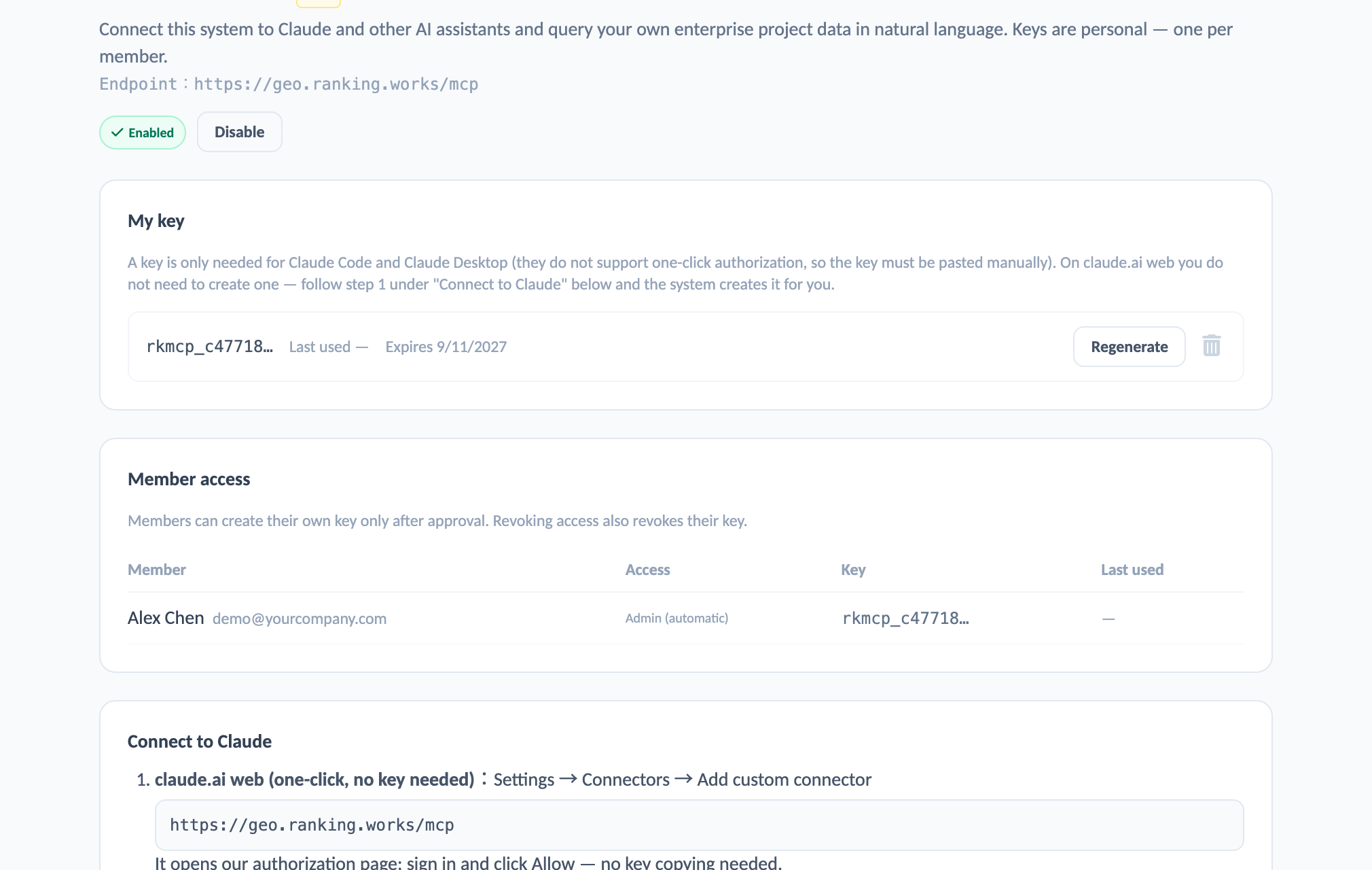 MCP connector:Keys page: the admin enables MCP, then each member creates their own key. Who has access is visible at a glance.