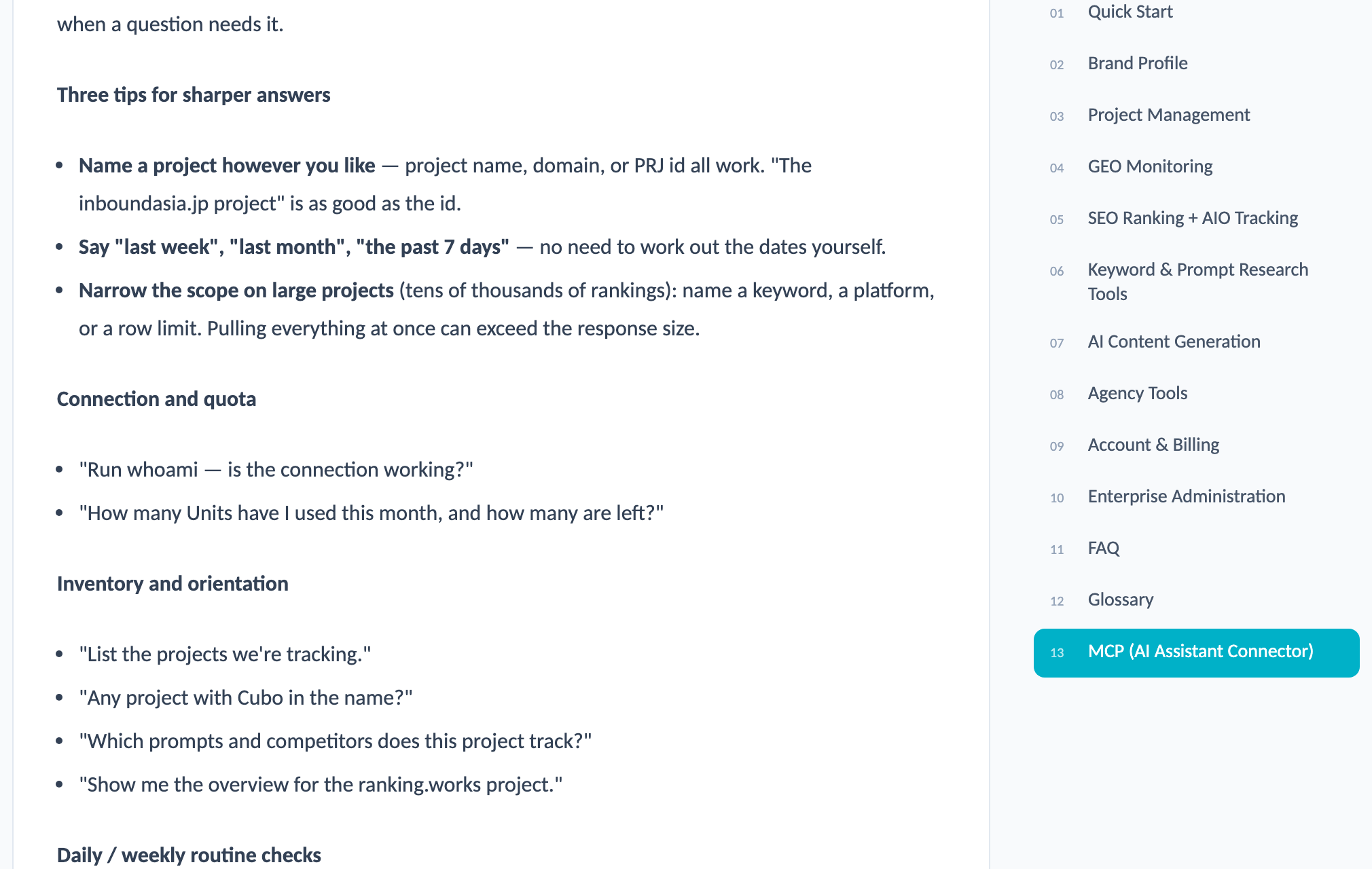 MCP connector:User manual: the MCP chapter ships 42 example questions; asking them is what exercises each tool.