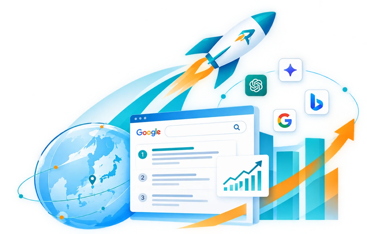Rankking Booster GEOツールのイメージ:Google 検索結果、ChatGPT や Gemini などの AI エンジン、順位の上昇カーブ